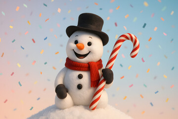 A happy snowman holding a candy cane stands on a snow hill under a confetti sky, radiating festive joy, christmas