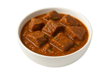 Bowl of chunky beef stew in rich brown gravy with herbs