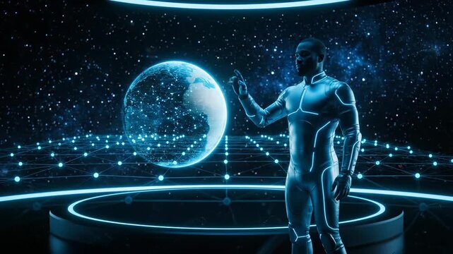 android in glowing suit interacts with hologram globe. network lines wrap globe. interface responds to hand over platform ring. futuristic technology environment with neon elements. node pulses.