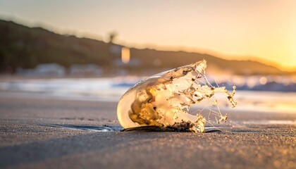 Close-up of translucent sea creature on a sandy beach, sunrise in the background
