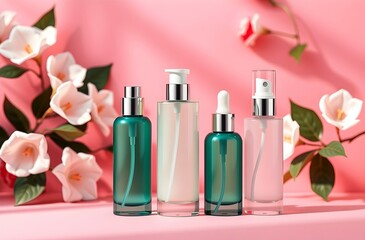 A Clean and Modern New Image Showcasing Eco-Friendly Airless Pump Bottles Made from Recycled Plastic for High-End Beauty Serums. Pink background.