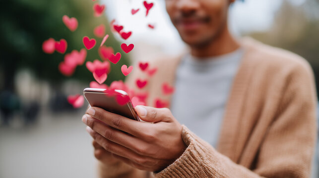 Close-up, focus on hands with a phone, man, hearts flying out of the phone, detail, focus, blurry background