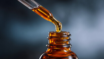 A close-up of an amber glass dropper bottle releasing a golden oil drop. Perfect for medicine, essential oils, tinctures, wellness, and pharmaceutical branding visuals