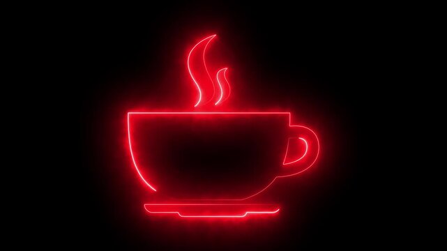 Neon red coffee cup with steam on black background Keywords: coffee, cup, mug, hot, drink, beverage, steam, smoke, vapor, red, neon, glowing, light, dark, abstract, graphic, design, digital, icon