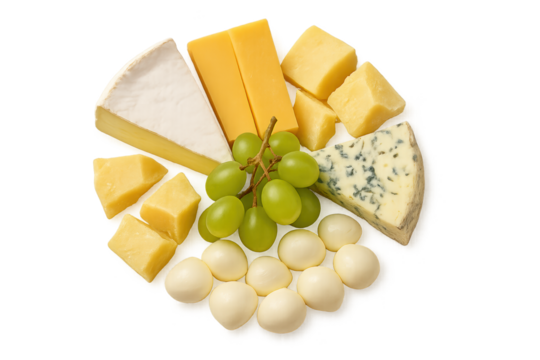 Assorted cheeses arranged in circular platter with grapes and bite-sized cheese balls