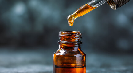 A close-up of an amber glass dropper bottle releasing a golden oil drop. Perfect for medicine, essential oils, tinctures, wellness, and pharmaceutical branding visuals