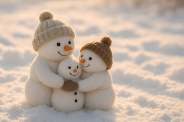 A heartwarming scene of a snowman family embracing each other in a snowy landscape, bathed in soft, golden light, christmas