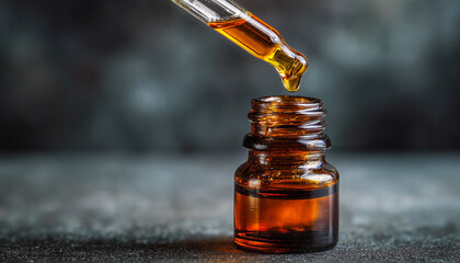 Small amber glass dropper bottle with pipette, essential oil and dark background for aromatherapy or cosmetics
