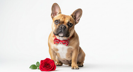 Fototapeta premium An adorable fawn French Bulldog wearing a decorative red bow tie with white and gold accents sits patiently on a clean white background. The dog looks directly at the camera with a charming, slightly