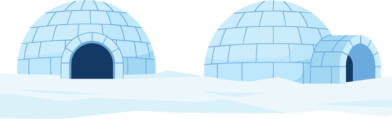 WebTwo snow-covered igloos on icy tundra, traditional arctic shelters built from ice blocks, frozen polar landscape illustration with cold winter atmosphere