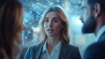 Business woman interacts with colleagues demonstrating advanced networking technologies - Powered by Adobe