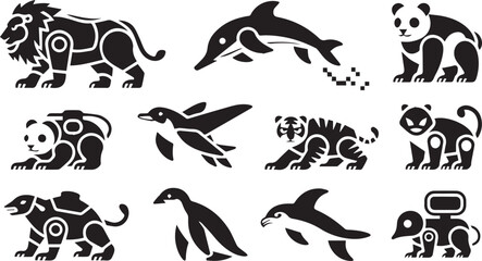 Fototapeta premium Set of twelve black stylized animal shapes mechanical futuristic biomechanical design
