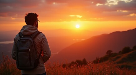 Man standing in a field with a backpack looking at the sunset
