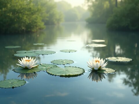 Lily pads floating on calm pond