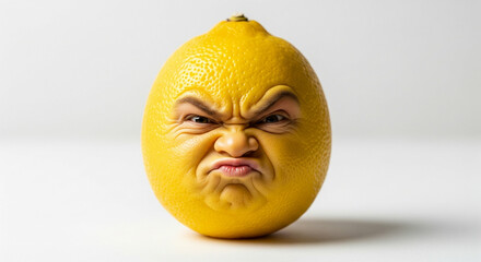 A vibrant yellow lemon is depicted with a hyper-realistic, comically sour and puckered human face, showcasing detailed skin texture. The image is a macro stock photo set against a clean, minimalist