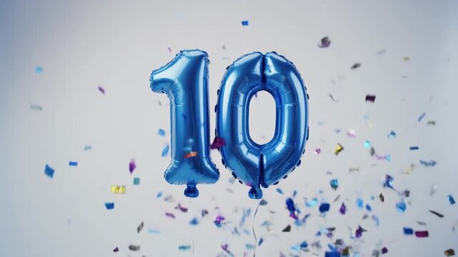 Blue balloon number 10 for birthday or anniversary party. White background with falling confetti