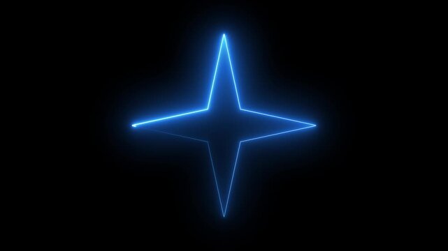 Blue Neon Four- Pointed Star Shape Glowing on Black Background four-pointed star compass rose