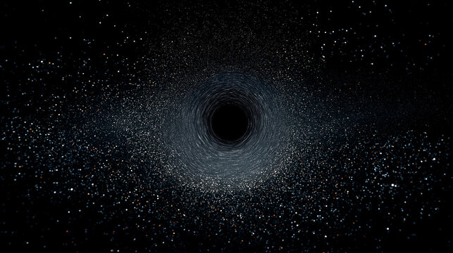Dark cosmic space scene massive black hole swirling galaxy light distant star planet.
