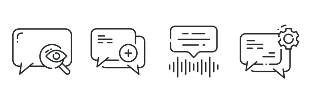 Speech bubbles with magnifying glass, plus sign, sound waves, and gear icons
