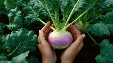 Pair of hands holding a purple turnip in the middle of a field of green leaves. the turnip has long, thin stems and a round, bulbous head with a pinkish-purple color.
