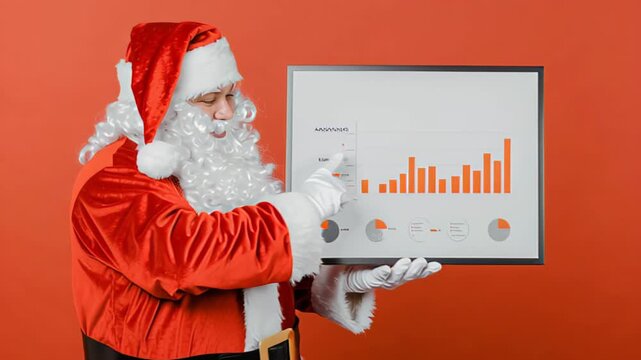 Santa Claus presenting business growth chart in festive attire on red background