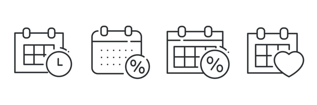 Linear icons: calendar and symbols for time, percent, and favorite