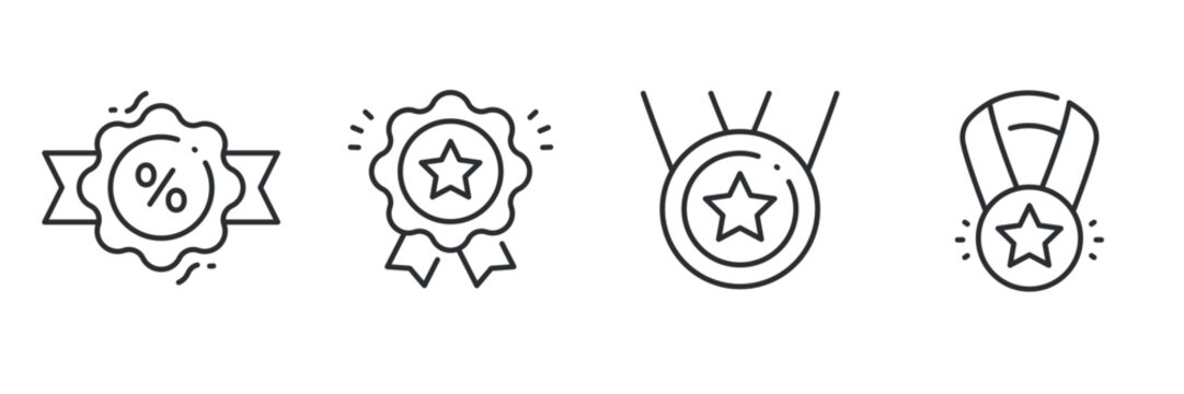 Set of outline award icon designs: percentage, ribbon, medal, star