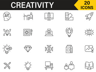 Creativity line editable icon set. Included icons as Innovation, problem solving, thinking, idea, brainstorming, integration and more outline symbol. Set of 20 icons related to creativity.
