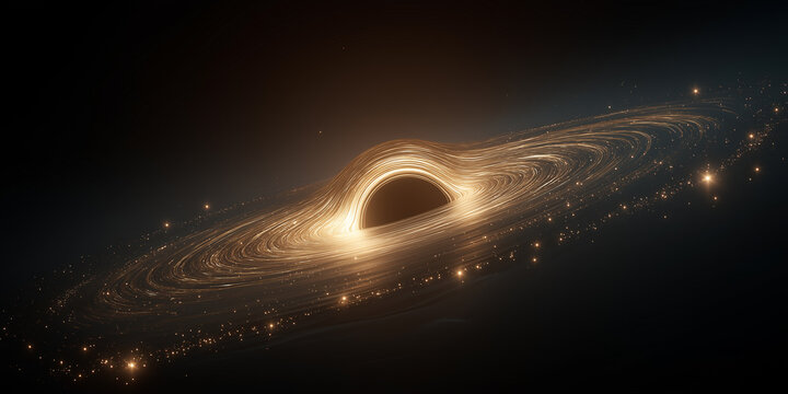 Dark cosmic space scene massive black hole swirling galaxy light distant star planet.