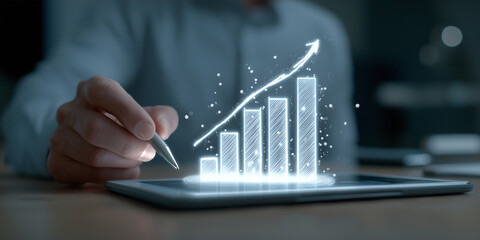 Businessman hand draw upward pointing arrow virtual graph symbolize success business growth progress  financial improvement.