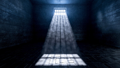 Imprisoned Light: Sunbeams illuminate a stark prison cell, a symbol of constraint and introspection. The scene captures the interplay of light and shadow, evoking a sense of confinement, isolation.