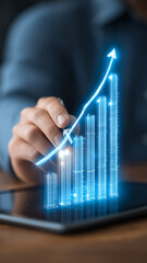 Businessman hand draw upward pointing arrow virtual graph symbolize success business growth progress  financial improvement.