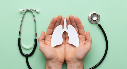 Top-down view of hands holding paper lungs next to a stethoscope, symbolizing respiratory care and lung disease awareness.