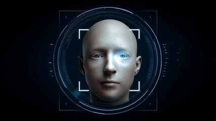Futuristic high tech biometric scan processes an artificial android face with glowing eye, representing advanced digital identity, cyber security, and surveillance verification - Powered by Adobe