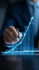 Businessman hand draw upward pointing arrow virtual graph symbolize success business growth progress  financial improvement.