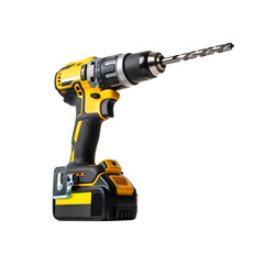 Powerful Cordless Drill: A close-up shot of a modern, high-performance cordless drill with a sharp drill bit, perfect for construction and DIY projects.