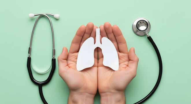 Top-down view of hands holding paper lungs next to a stethoscope, symbolizing respiratory care and lung disease awareness. - Powered by Adobe