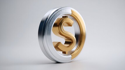 Three-dimensional Dollar Symbol Within Circular Frame, Metallic Rendering on Neutral Background.