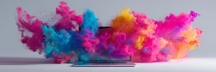 Digital artwork open laptop burst colourful creative energy panorama.