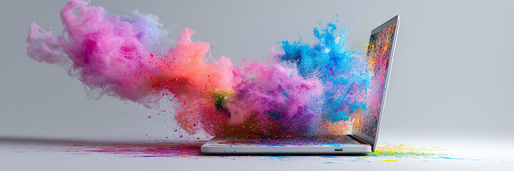 Digital artwork open laptop burst colourful creative energy panorama.
