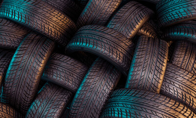 Tires Pile: A close-up view of a pile of black tires, artfully arranged, highlights their textured surfaces and intricate tread patterns.
