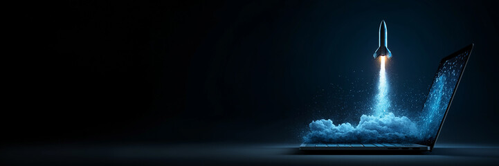 Open laptop rocket launch screen digital innovation startup success banner.