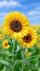 Fototapeta premium Two Vibrant Yellow Sunflowers Bloom in a Sunny Field Under a Clear Blue Sky with Wispy Clouds and Green Stems and Leaves