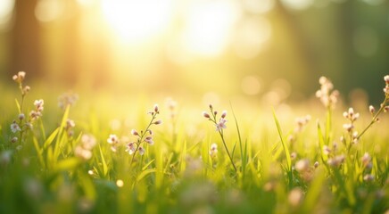 Fototapeta premium Field of grass with flowers in the foreground