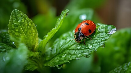 Tiny Jewel: A Ladybug Adorned with Raindrops Perched on a Lush Green Leaf in a Macro Close-Up Shot