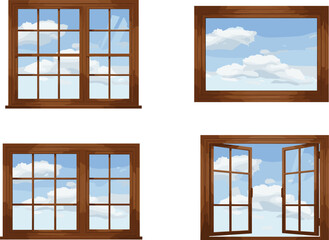 Set of wooden framed windows with clear blue sky and clouds view, isolated on white background for architecture, home design, and illustration
