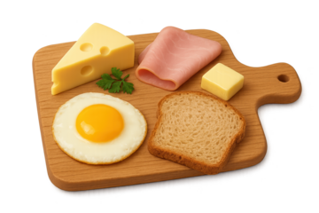 Wooden cutting board with sunny-side fried egg, cheese wedge, ham slices, butter, bread slice, and parsley garnish