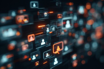 Fototapeta premium Silent sentinel: midnight analysis of global cyber data. Virtual connections map. Beyond the screens: nighttime specialist in a blazing data world. Digital friends network.