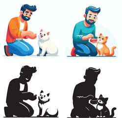 Set of vector and shilhouttes images of men and cats on a white background