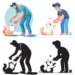 Set of vector and shilhouttes images of men and cats on a white background